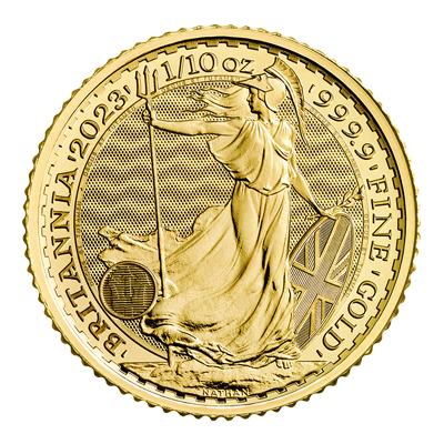 A picture of a 1/10 oz. Gold Britannia Coin (2023)